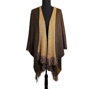 Woolrich Comfy Cozy Reversible One-Size Brown Tan Shawl Ruana with Fringe